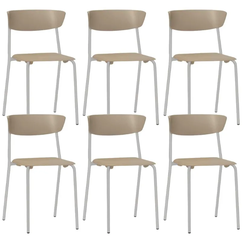 Kit 06 Cadeiras Empilhável Fixa Atom F02 Base Aço Cinza Nude - Lyam Decor