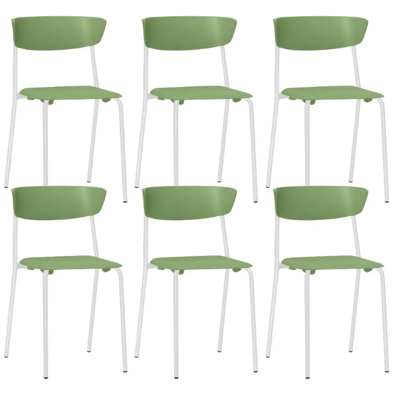 Kit 06 Cadeiras Empilhável Fixa Atom F02 Base Aço Branco Verde - Lyam Decor - Lyam Decor