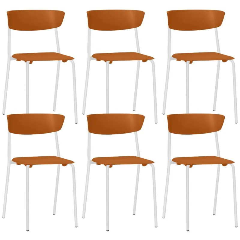 Kit 06 Cadeiras Empilhável Fixa Atom F02 Base Aço Branco Laranja - Lyam Decor - Lyam Decor