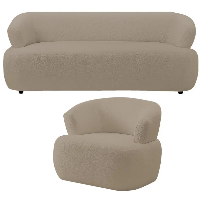 Kit Sofá 3 Lugares Para Sala 198cm Com 01 Poltrona Orgânica Florea M05 Bouclê Bege - Lyam Decor - Lyam Decor