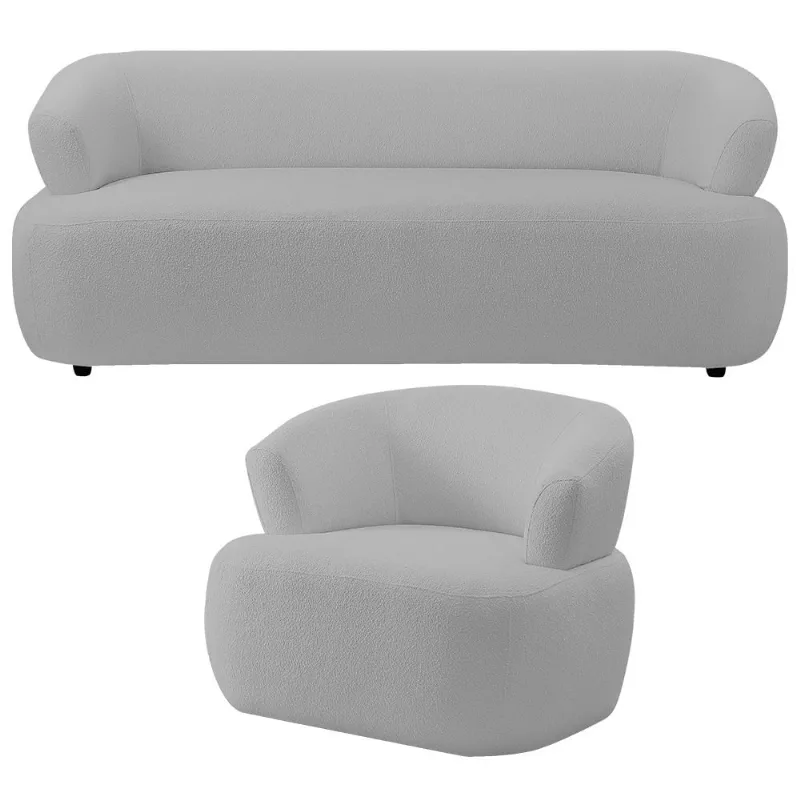 Kit Sofá 3 Lugares Para Sala 198cm Com 01 Poltrona Orgânica Florea M05 Bouclê Cinza - Lyam Decor - Lyam Decor