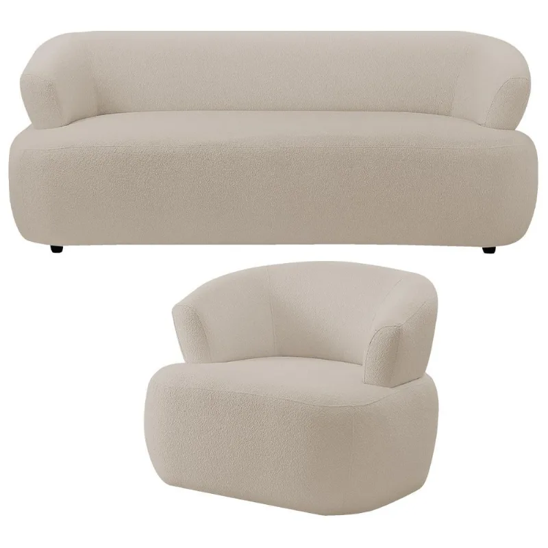 Kit Sofá 3 Lugares Para Sala 198cm Com 01 Poltrona Orgânica Florea M05 Bouclê Creme - Lyam Decor - Lyam Decor