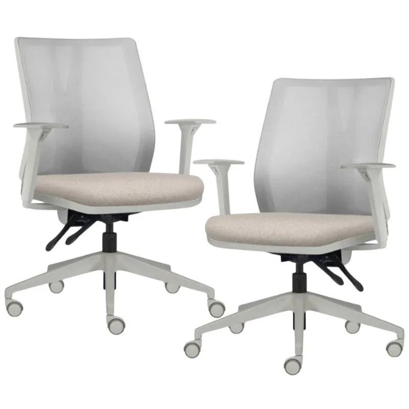 Kit 2 Cadeiras de Escritório Giratória Diretor Flow F02 Base Cinza Linho Bege Claro - Lyam Decor