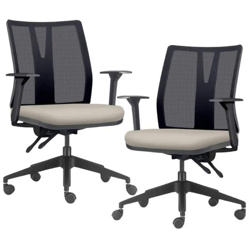 Kit 2 Cadeiras de Escritório Giratória Diretor Flow F02 Base Preta Sintético Bege - Lyam Decor