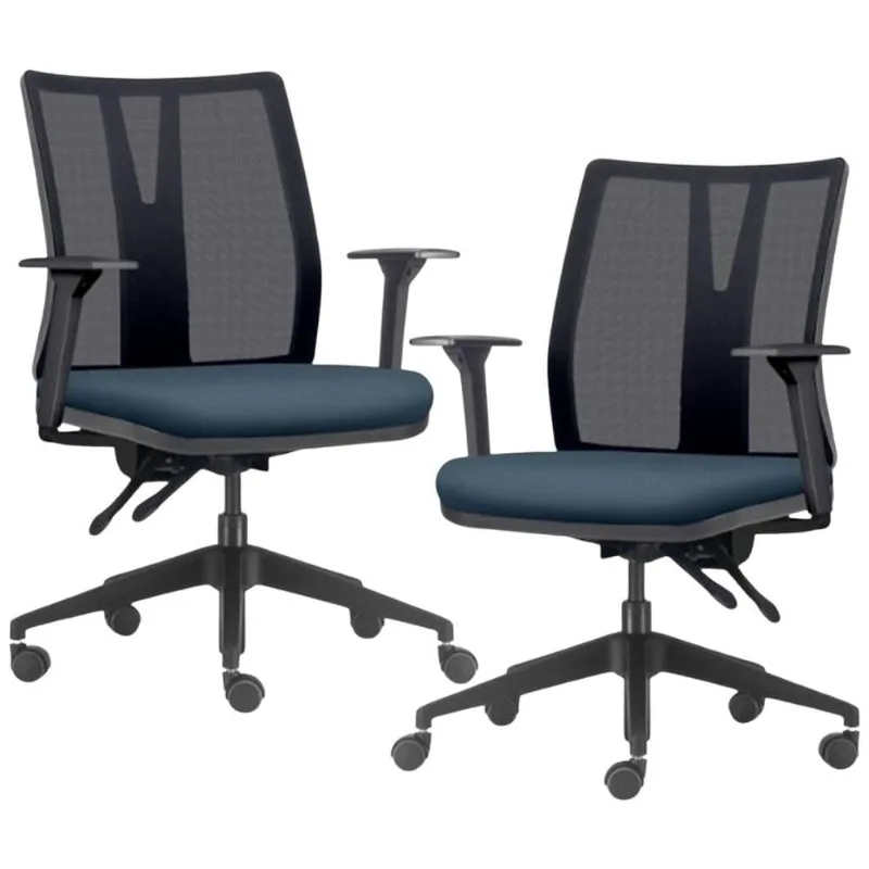 Kit 2 Cadeiras de Escritório Giratória Diretor Flow F02 Base Preta Sintético Azul - Lyam Decor