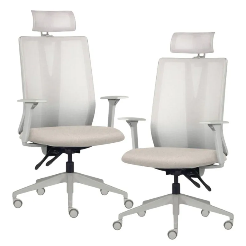 Kit 2 Cadeiras Escritório Giratória Presidente Flow F02 Base Cinza Linho Bege Claro - Lyam Decor