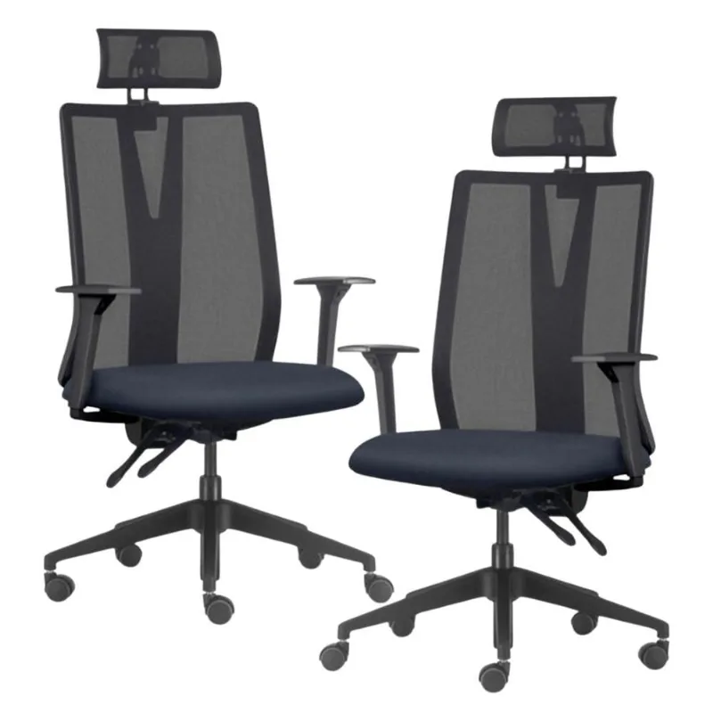 Kit 2 Cadeiras Escritório Giratória Presidente Flow F02 Base Preta Sintético Azul - Lyam Decor