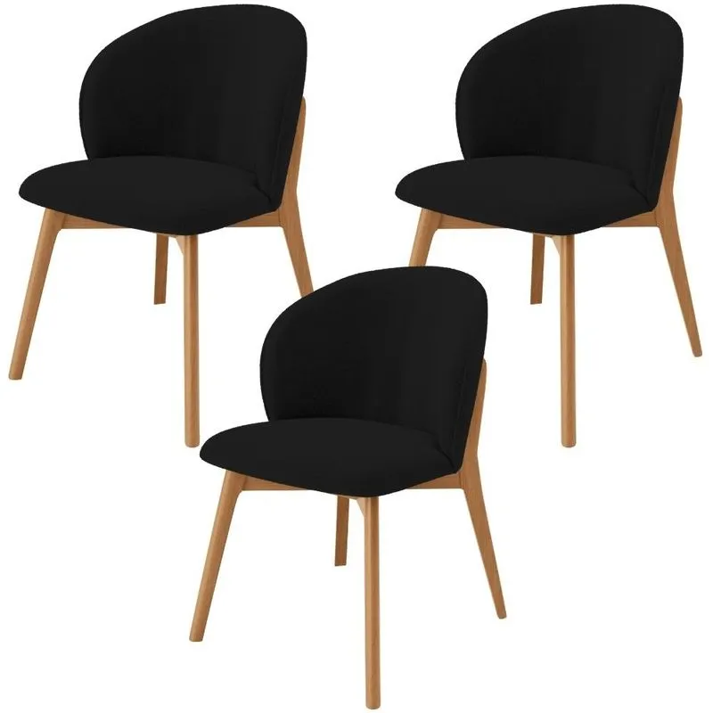 Kit 03 Cadeiras de Jantar e Estar Living Estofada Mia L02 Bouclê Preto - Lyam Decor