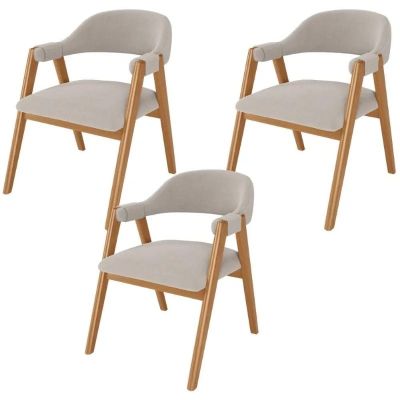 Kit 03 Cadeiras De Jantar E Estar Living Estofada Nadja L02 Bouclê Creme - Lyam Decor