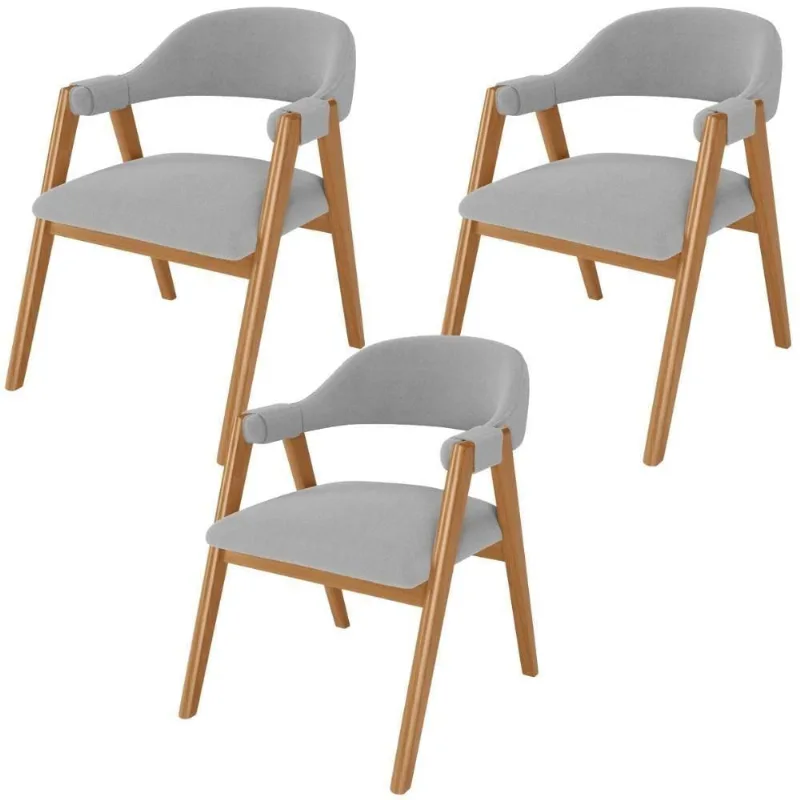 Kit 03 Cadeiras De Jantar E Estar Living Estofada Nadja L02 Bouclê Cinza - Lyam Decor