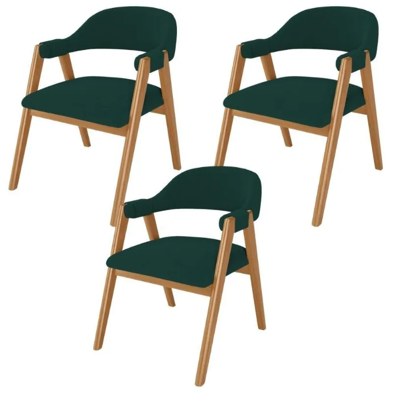 Kit 03 Cadeiras De Jantar E Estar Living Estofada Nadja L02 Bouclê Verde - Lyam Decor
