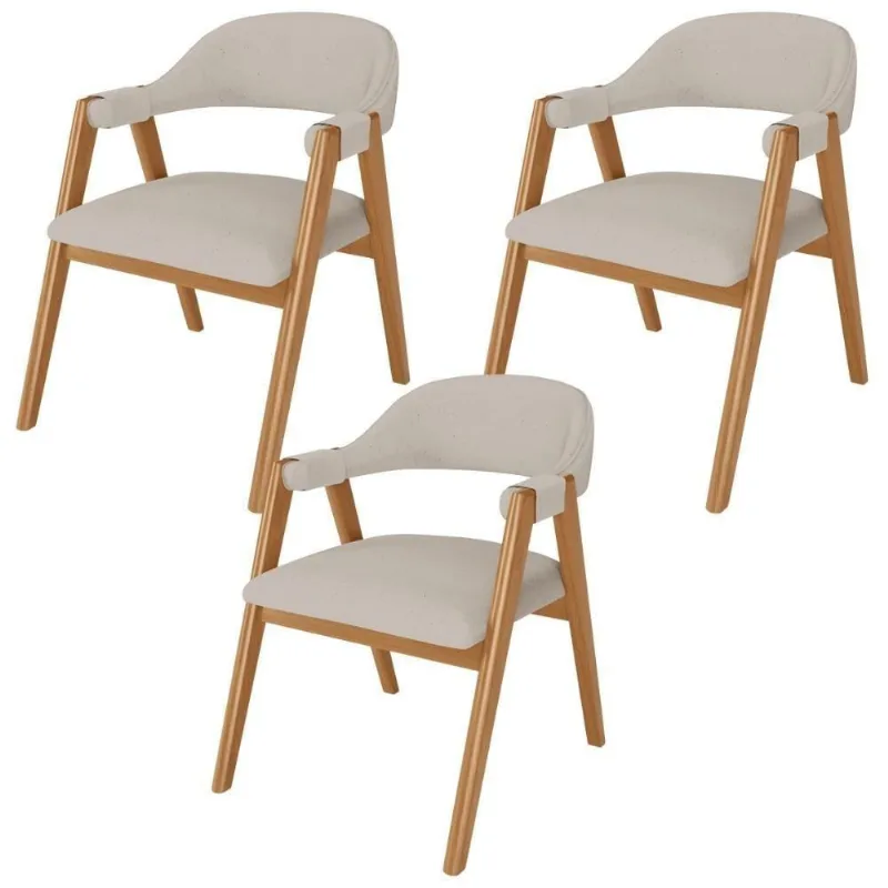 Kit 03 Cadeiras De Jantar E Estar Living Estofada Nadja L02 Linho Bege - Lyam Decor