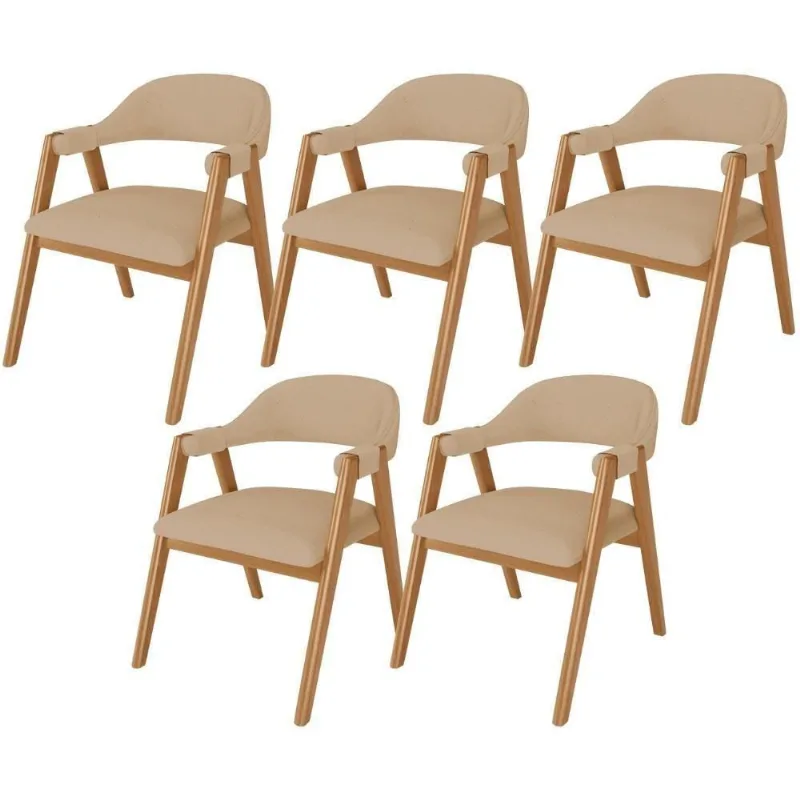Kit 05 Cadeiras De Jantar E Estar Living Estofada Nadja L02 Linho Bege Escuro - Lyam Decor - Lyam Decor