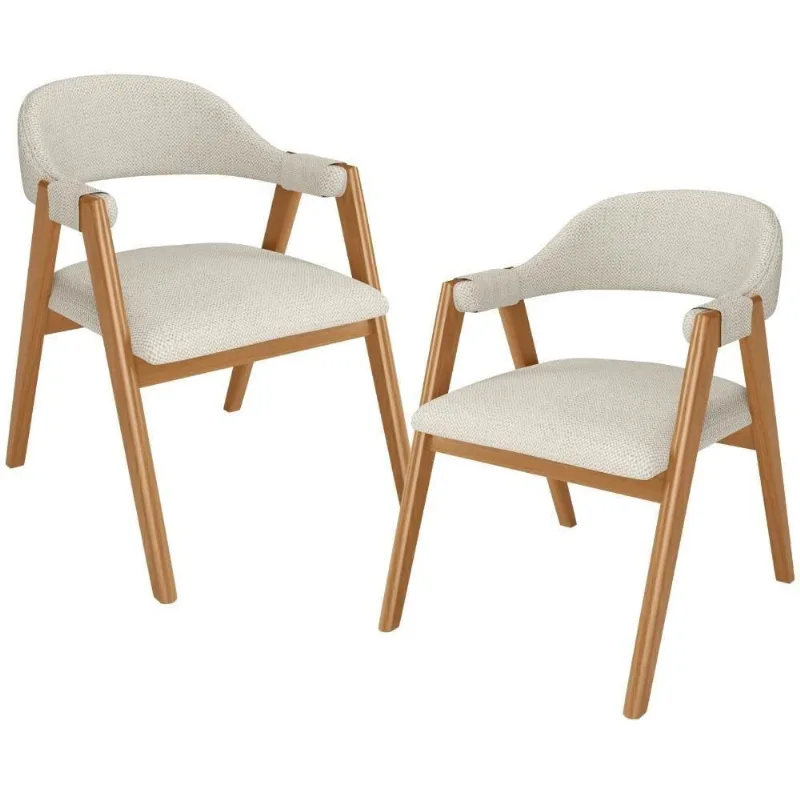 Kit 02 Cadeiras De Jantar E Estar Living Estofada Nadja L02 Linho Champagne - Lyam Decor