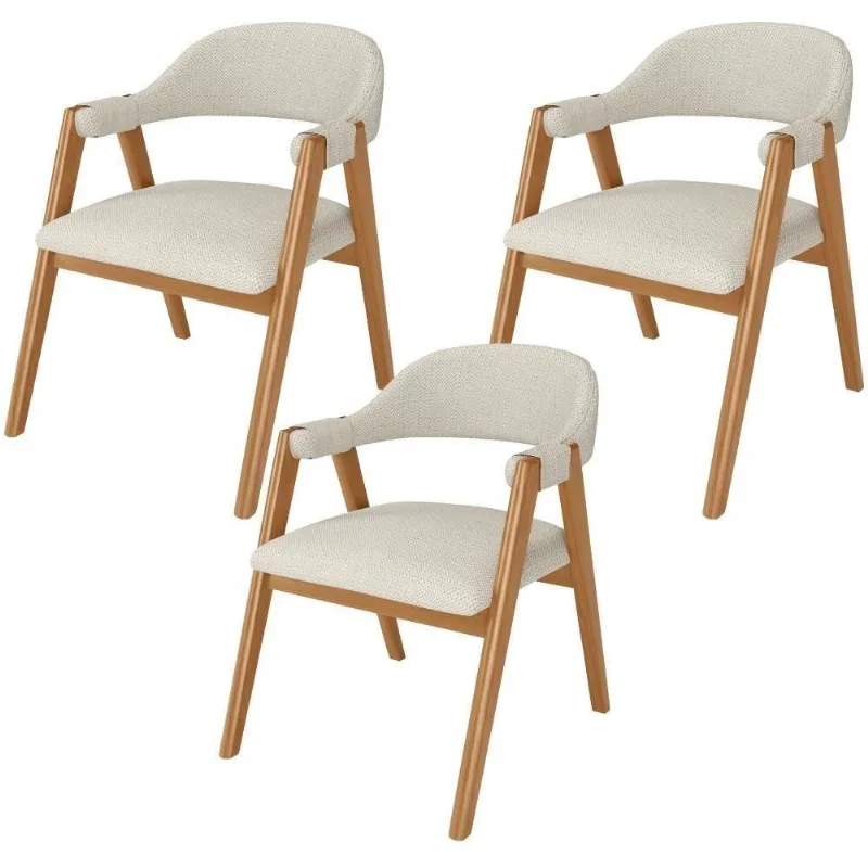 Kit 03 Cadeiras De Jantar E Estar Living Estofada Nadja L02 Linho Champagne - Lyam Decor - Lyam Decor