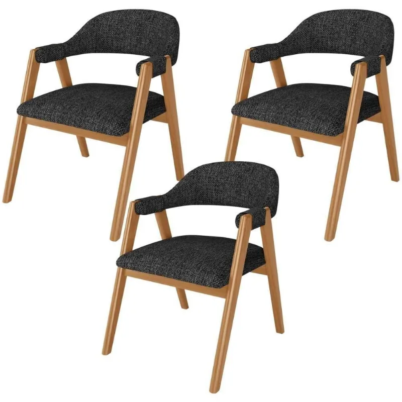 Kit 03 Cadeiras De Jantar E Estar Living Estofada Nadja L02 Linho Chumbo - Lyam Decor - Lyam Decor