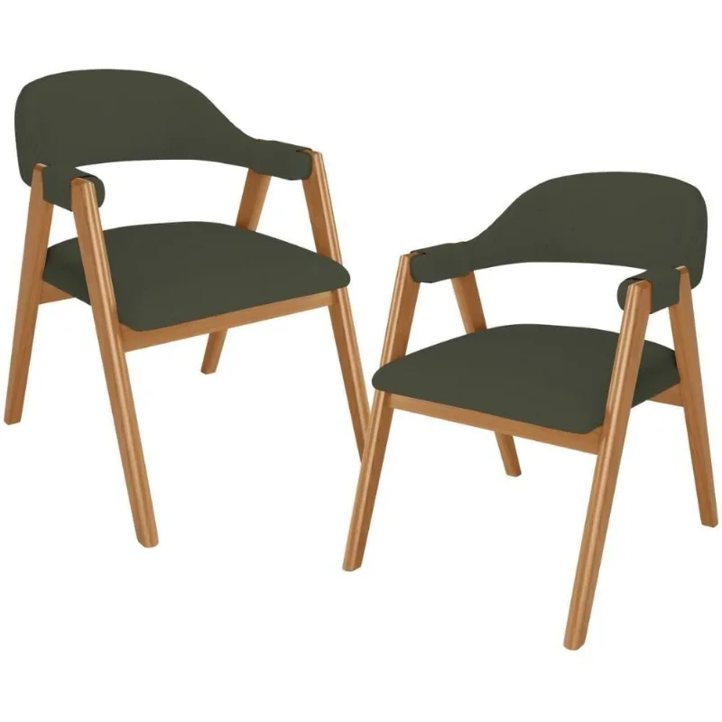 Kit 02 Cadeiras De Jantar E Estar Living Estofada Nadja L02 Linho Verde Musgo - Lyam Decor