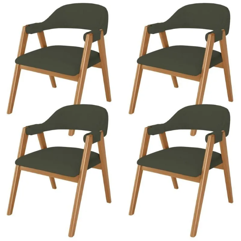Kit 04 Cadeiras De Jantar E Estar Living Estofada Nadja L02 Linho Verde Musgo - Lyam Decor