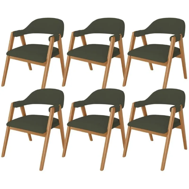 Kit 06 Cadeiras De Jantar E Estar Living Estofada Nadja L02 Linho Verde Musgo - Lyam Decor