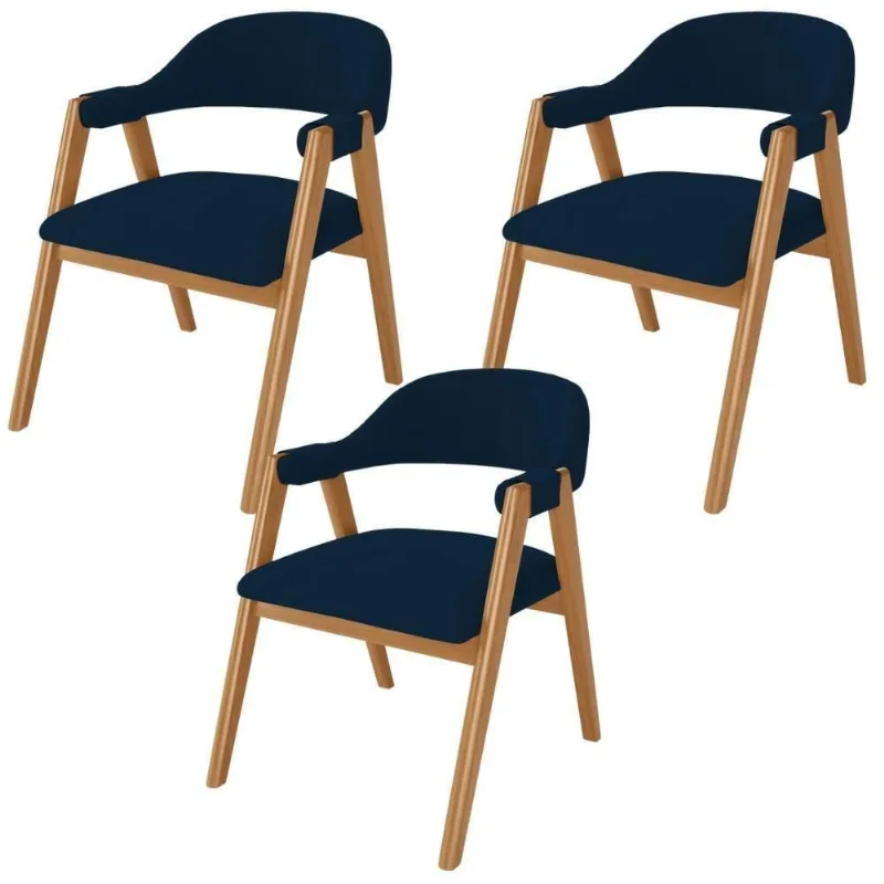 Kit 03 Cadeiras De Jantar E Estar Living Estofada Nadja L02 Suede Azul Marinho - Lyam Decor