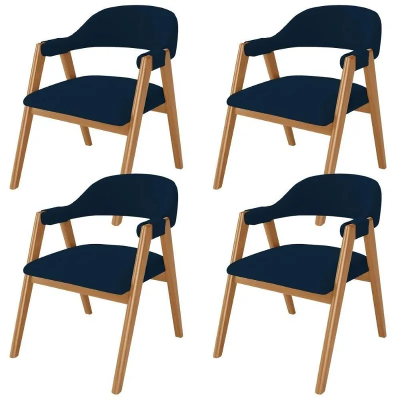 Kit 04 Cadeiras De Jantar E Estar Living Estofada Nadja L02 Suede Azul Marinho - Lyam Decor