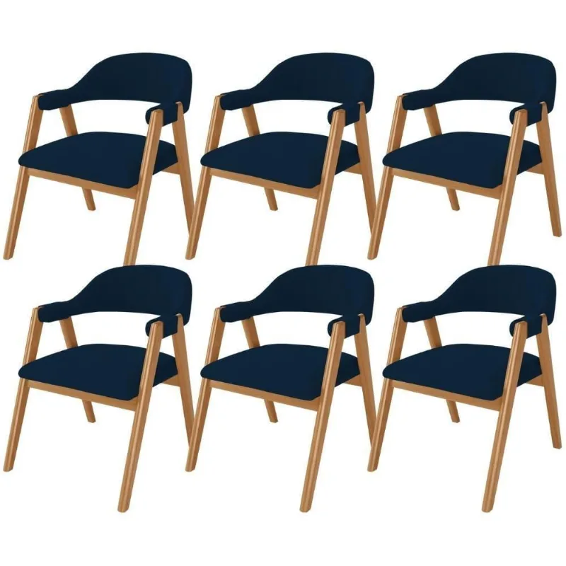 Kit 06 Cadeiras De Jantar E Estar Living Estofada Nadja L02 Suede Azul Marinho - Lyam Decor