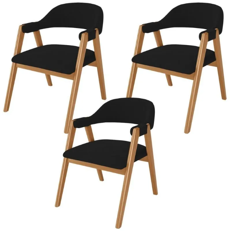 Kit 03 Cadeiras De Jantar E Estar Living Estofada Nadja L02 Suede Preto - Lyam Decor - Lyam Decor