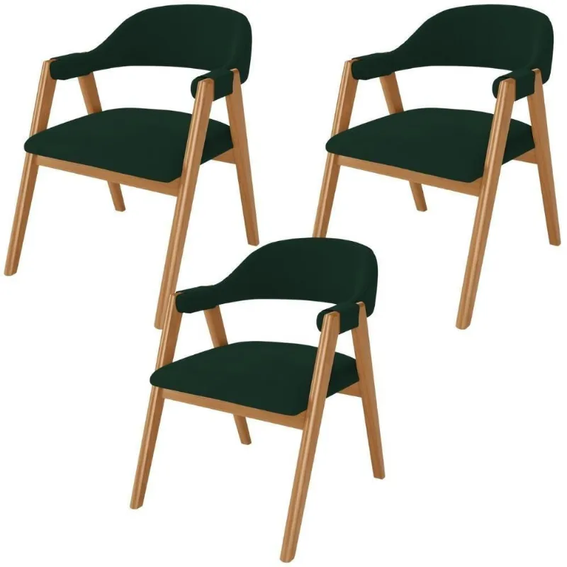 Kit 03 Cadeiras De Jantar E Estar Living Estofada Nadja L02 Suede Verde Musgo - Lyam Decor