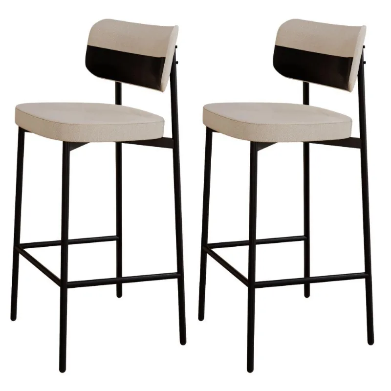 Kit 02 Banquetas Alta Bar Cozinha Sala De Jantar Aço Preto Kaira C01 Linho Areia Courino Preto - Lyam Decor - Lyam Decor
