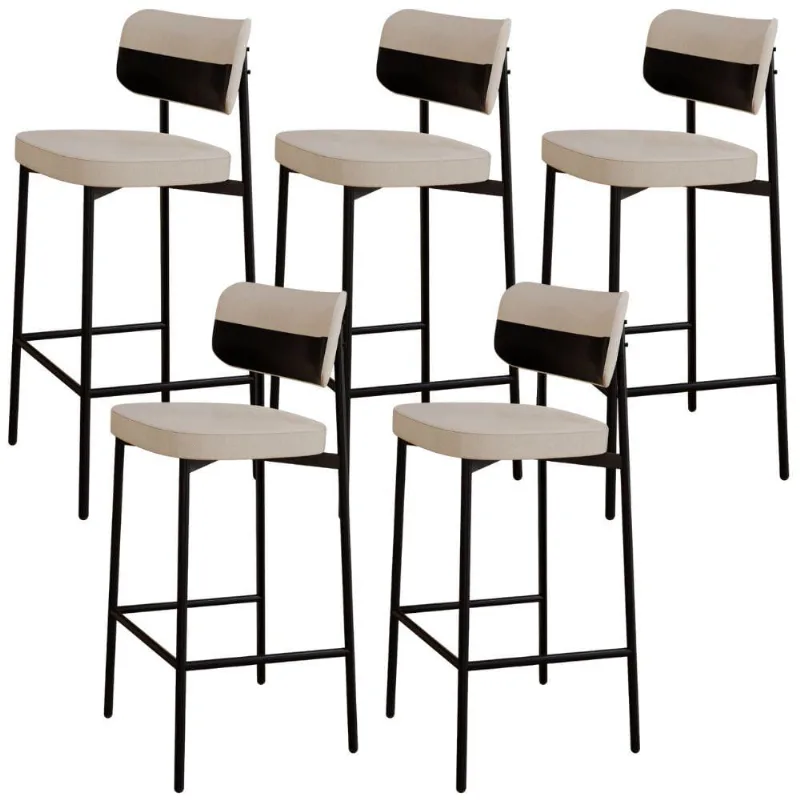 Kit 05 Banquetas Alta Bar Cozinha Sala De Jantar Aço Preto Kaira C01 Linho Areia Courino Preto - Lyam Decor - Lyam Decor