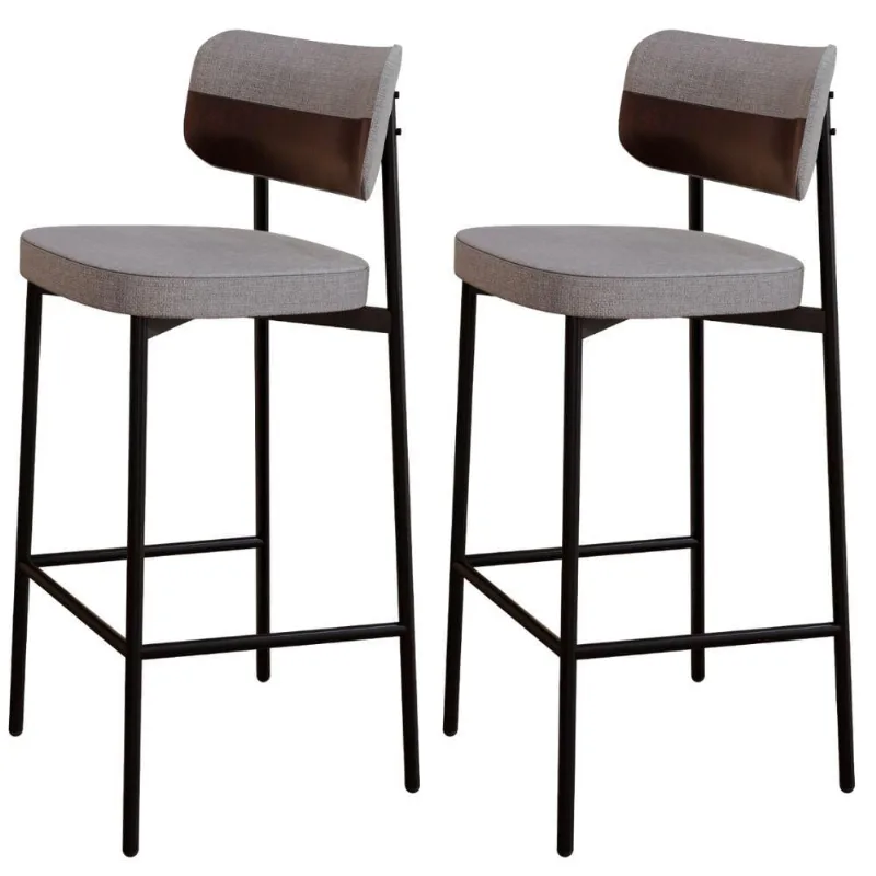 Kit 02 Banquetas Alta Bar Cozinha Sala De Jantar Aço Preto Kaira C01 Linho Cinza Courino Café - Lyam Decor - Lyam Decor