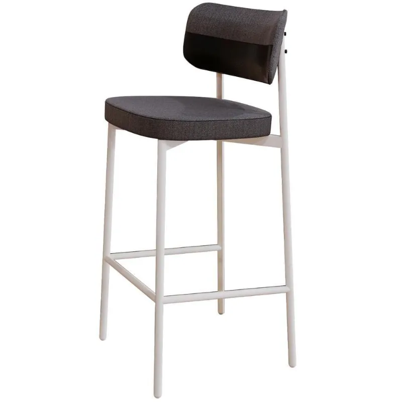 Banqueta Alta Bar Cozinha Sala De Jantar Aço Branco Kaira C01 Linho Preto Courino Preto - Lyam Decor - Lyam Decor