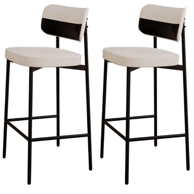 Kit 02 Banquetas Alta Bar Cozinha Sala De Jantar Aço Preto Kaira C01 Linho Palha Courino Preto - Lyam Decor