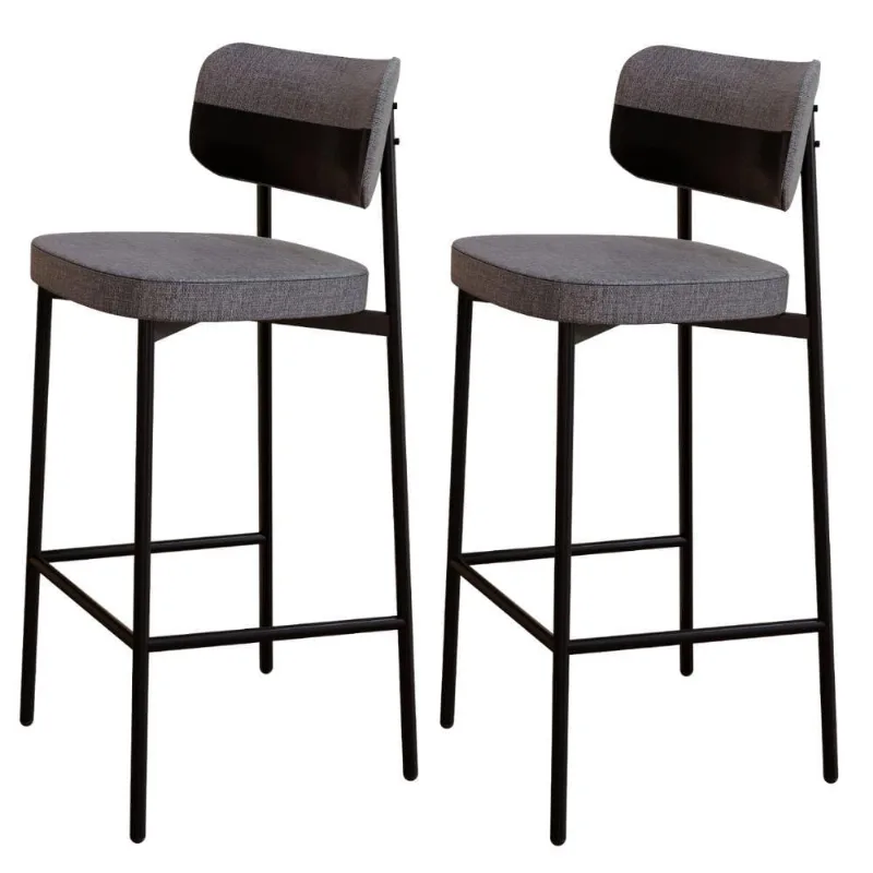 Kit 02 Banquetas Alta Bar Cozinha Sala De Jantar Aço Preto Kaira C01 Linho Cinza Courino Preto - Lyam Decor