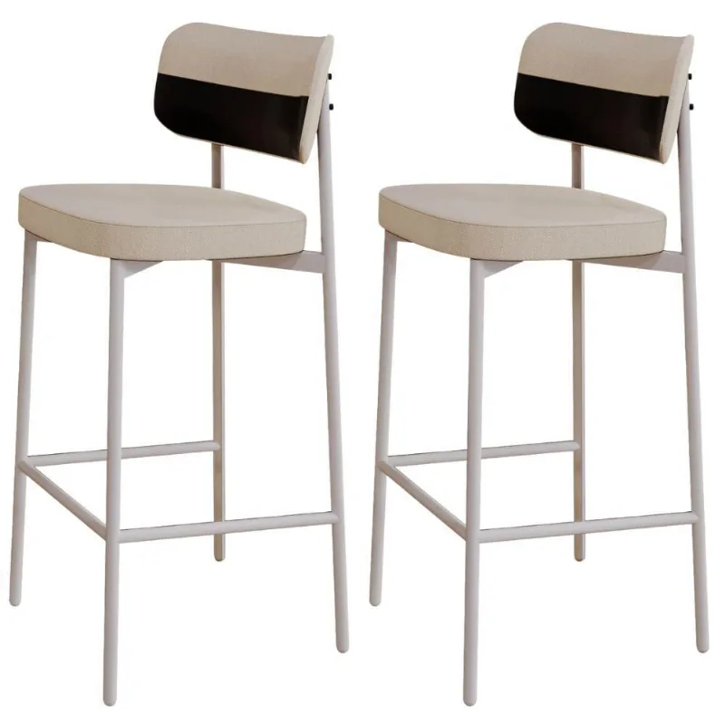 Kit 02 Banquetas Alta Bar Cozinha Sala De Jantar Aço Branco Kaira C01 Linho Areia Courino Preto - Lyam Decor - Lyam Decor
