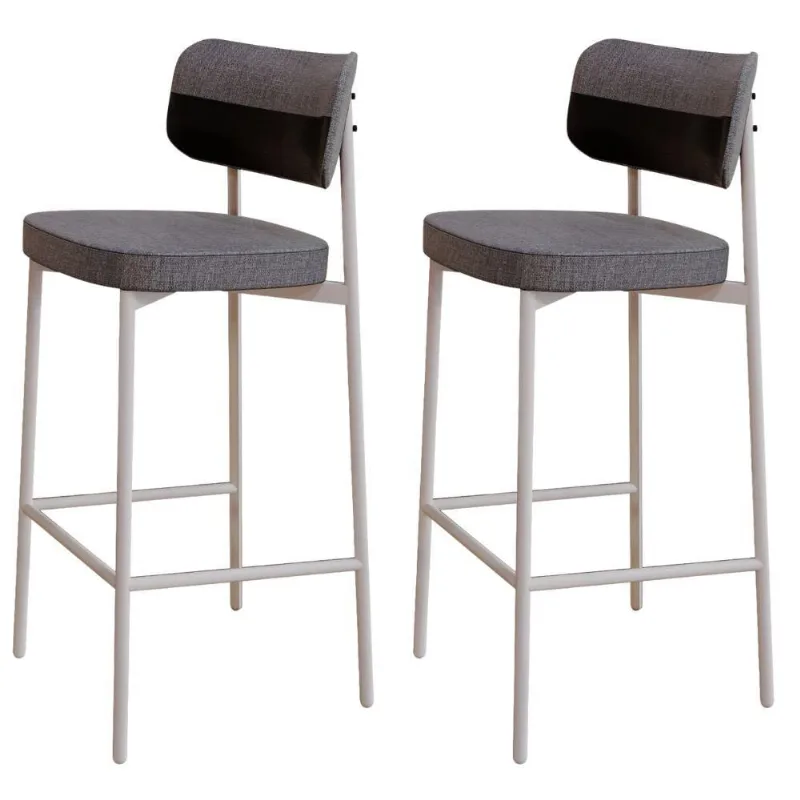 Kit 02 Banquetas Alta Bar Cozinha Sala De Jantar Aço Branco Kaira C01 Linho Cinza Courino Preto - Lyam Decor - Lyam Decor