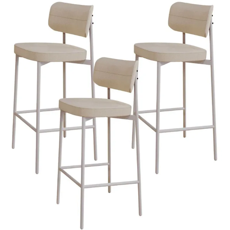 Kit 03 Banquetas Alta Bar Cozinha Sala De Jantar Aço Branco Kaira C01 Linho Areia - Lyam Decor