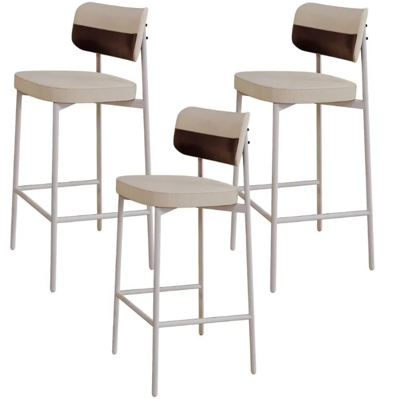 Kit 03 Banquetas Alta Bar Cozinha Sala De Jantar Aço Branco Kaira C01 Linho Areia Courino Café - Lyam Decor