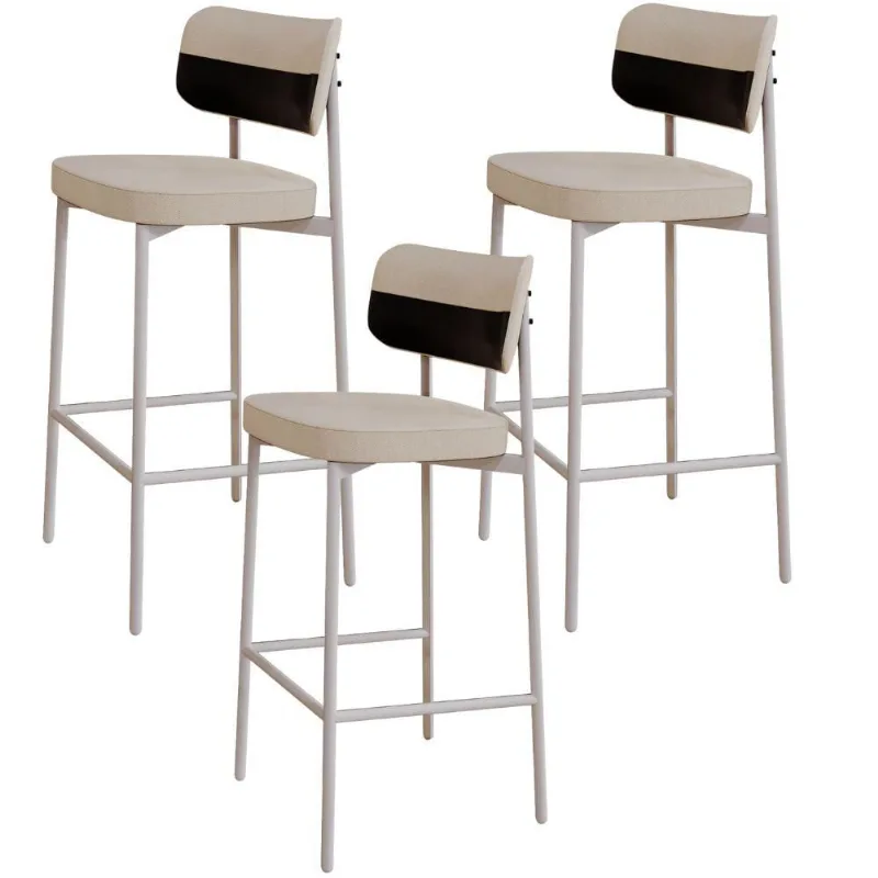 Kit 03 Banquetas Alta Bar Cozinha Sala De Jantar Aço Branco Kaira C01 Linho Areia Courino Preto - Lyam Decor
