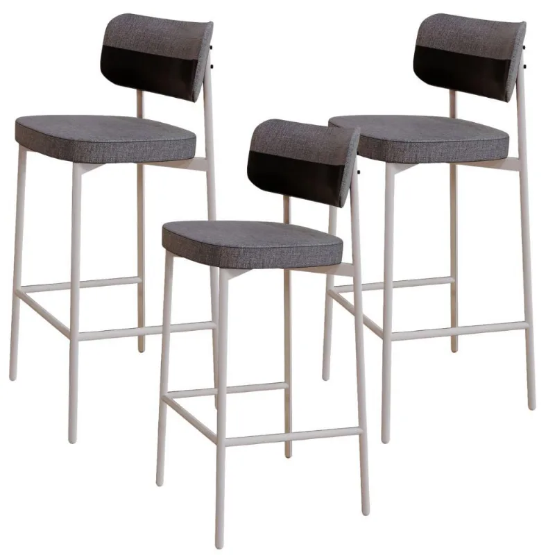 Kit 03 Banquetas Alta Bar Cozinha Sala De Jantar Aço Branco Kaira C01 Linho Cinza Courino Preto - Lyam Decor