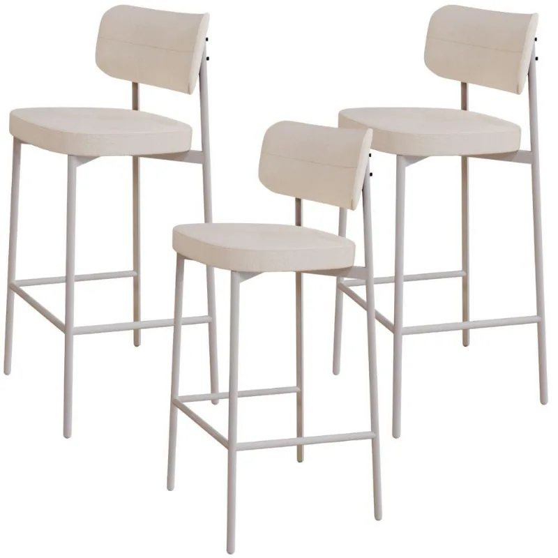 Kit 03 Banquetas Alta Bar Cozinha Sala De Jantar Aço Branco Kaira C01 Linho Palha - Lyam Decor