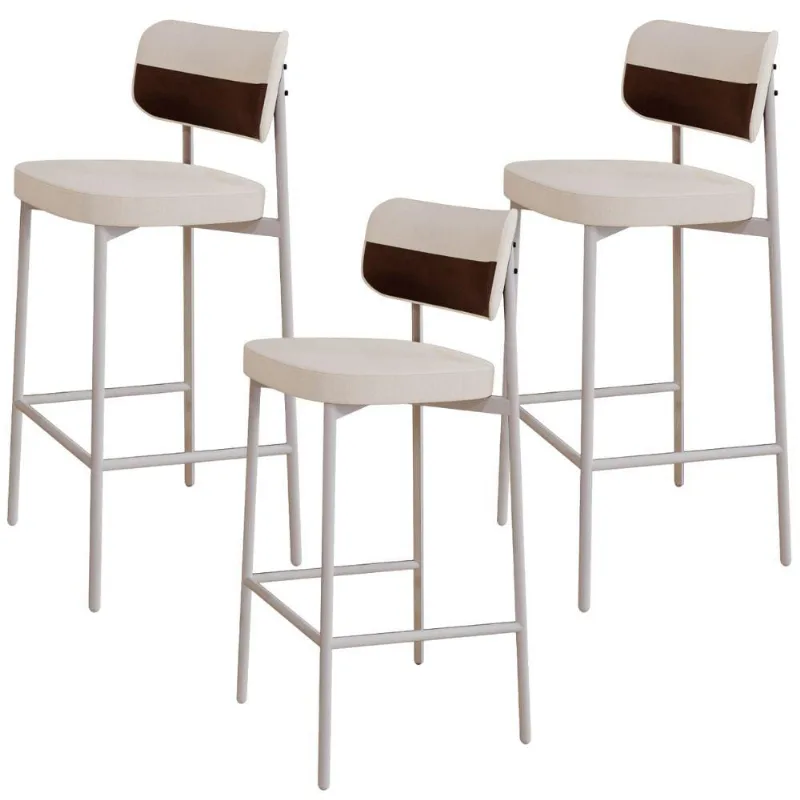 Kit 03 Banquetas Alta Bar Cozinha Sala De Jantar Aço Branco Kaira C01 Linho Palha Courino Whisky - Lyam Decor