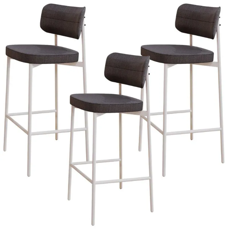 Kit 03 Banquetas Alta Bar Cozinha Sala De Jantar Aço Branco Kaira C01 Linho Preto - Lyam Decor
