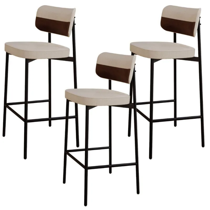 Kit 03 Banquetas Alta Bar Cozinha Sala De Jantar Aço Preto Kaira C01 Linho Areia Courino Whisky - Lyam Decor