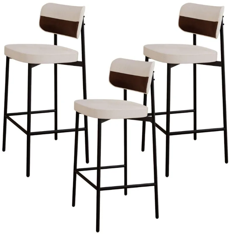 Kit 03 Banquetas Alta Bar Cozinha Sala De Jantar Aço Preto Kaira C01 Linho Palha Courino Whisky - Lyam Decor