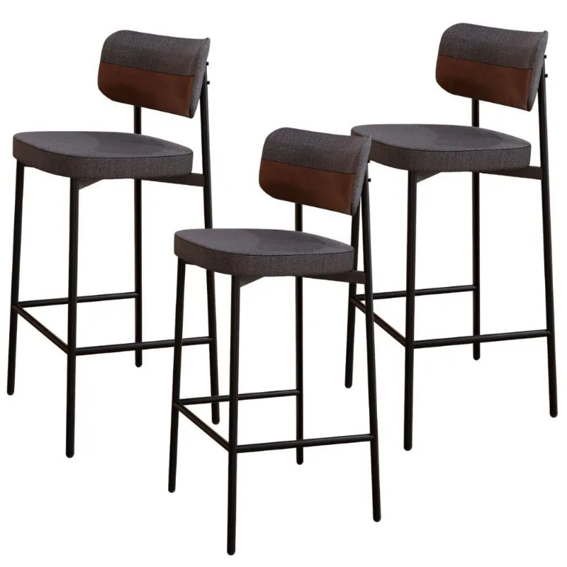 Kit 03 Banquetas Alta Bar Cozinha Sala De Jantar Aço Preto Kaira C01 Linho Preto Courino Whisky - Lyam Decor
