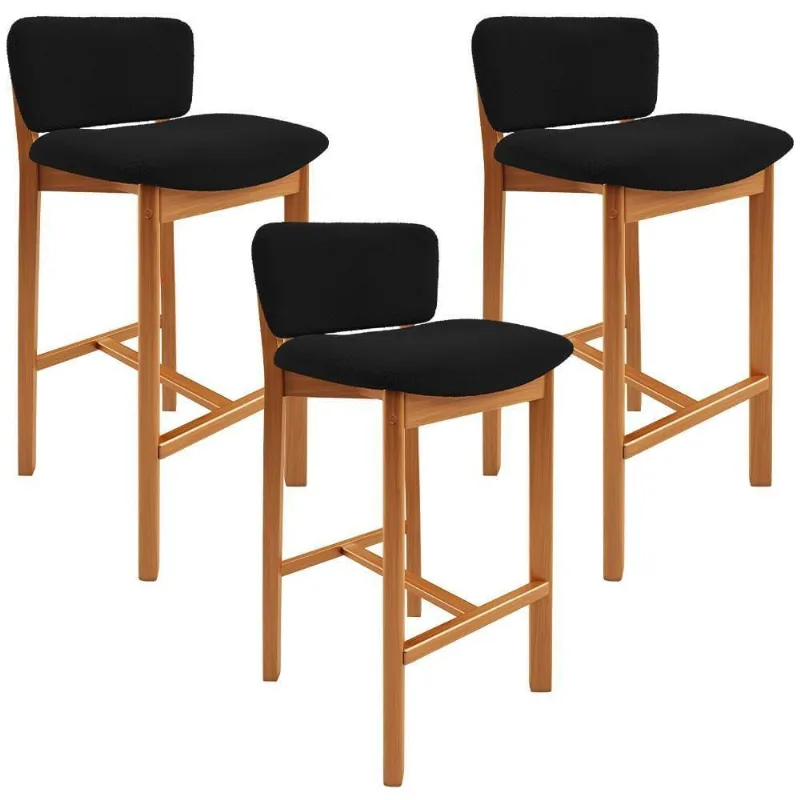 Kit 03 Banquetas Alta Para Cozinha Sala De Jantar Bar Dara L02 Bouclê Preto - Lyam Decor - Lyam Decor