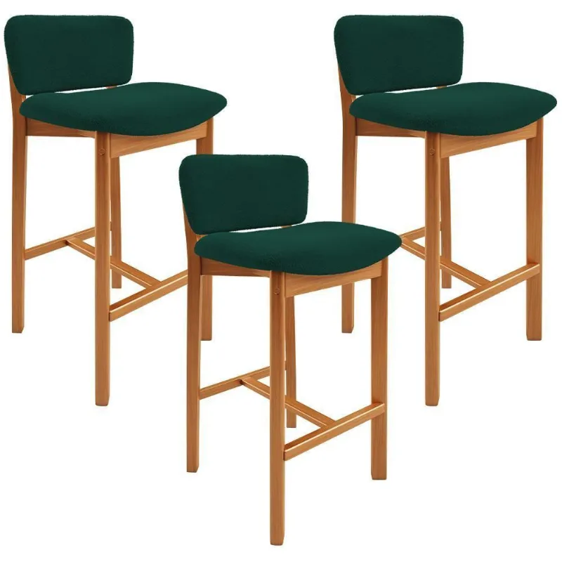Kit 03 Banquetas Alta Para Cozinha Sala De Jantar Bar Dara L02 Bouclê Verde Musgo - Lyam Decor - Lyam Decor