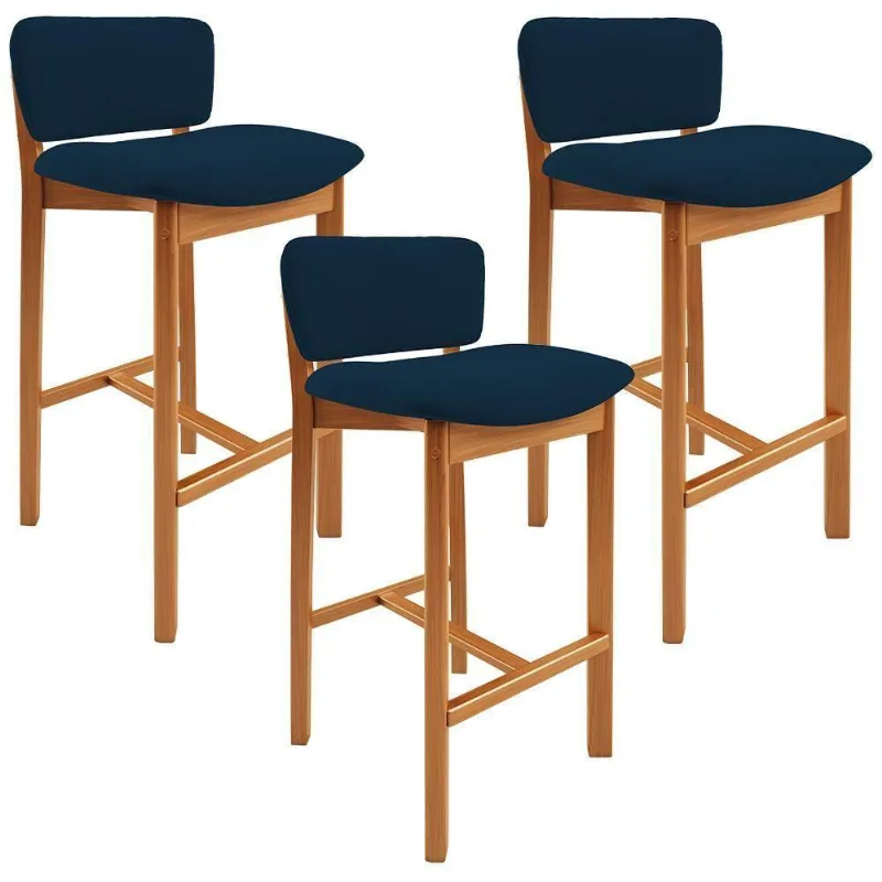 Kit 03 Banquetas Alta Para Cozinha Sala De Jantar Bar Dara L02 Suede Azul Marinho - Lyam Decor - Lyam Decor