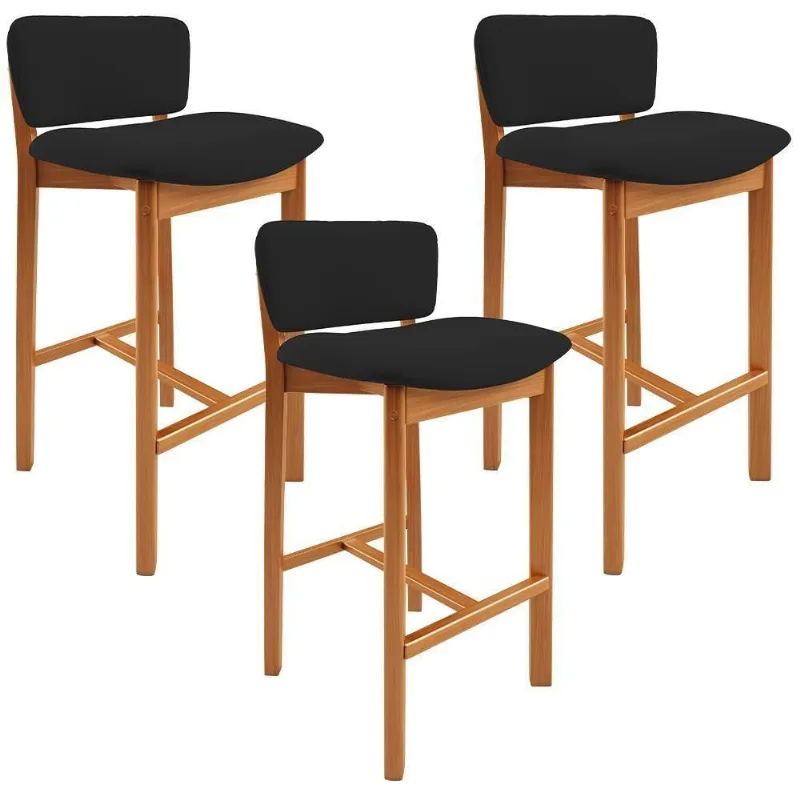 Kit 03 Banquetas Alta Para Cozinha Sala De Jantar Bar Dara L02 Suede Preto - Lyam Decor - Lyam Decor